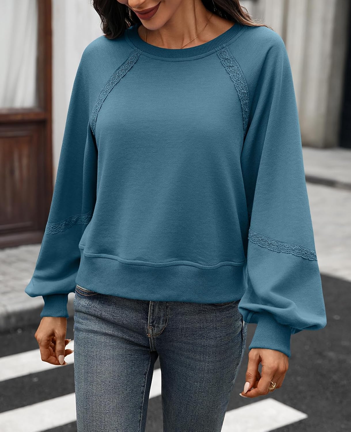Women's Cropped Sweatshirt Oversized Lace Lantern Long Sleeve Crewneck Cotton 2025 Loose Fit Pullover - Image 5