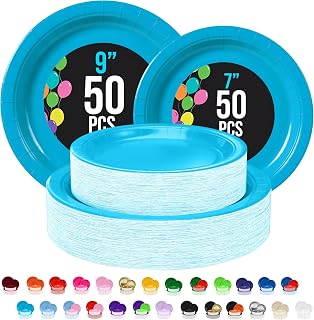 Exquisite Turquoise Paper Plates Disposable Heavy Duty 100 Pcs - 50-7" & 50-9" Turquoise Disposable Plates For Party Heavy Duty Paper Plate 350 GSM Birthday Party Supplies Plate Set