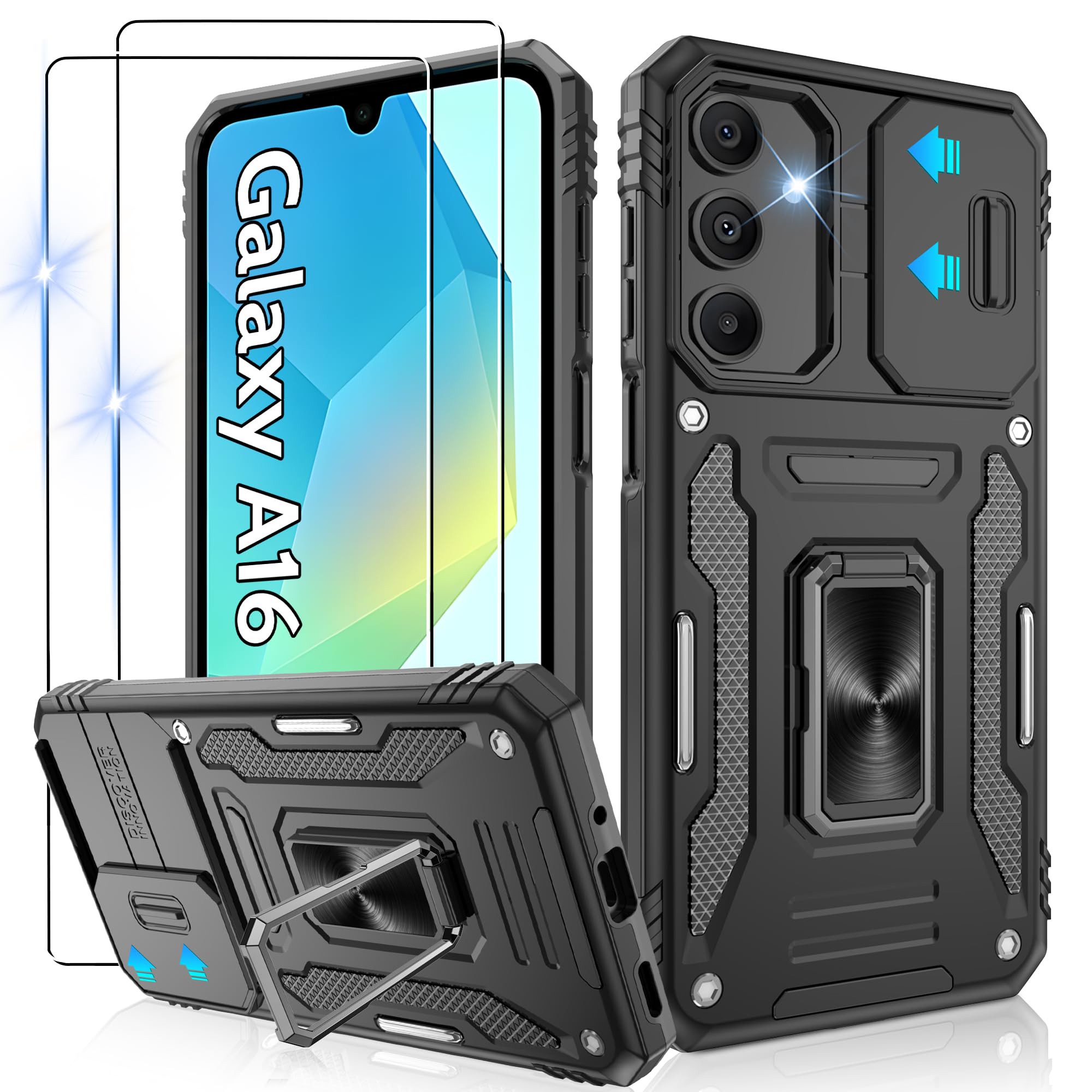 Gritup for Samsung Galaxy A16-5G Case with Slide Camera Cover | 2-Pack HD Screen Protectors | 360° Rotating Metal Kickstand | MIL-Grade Shockproof