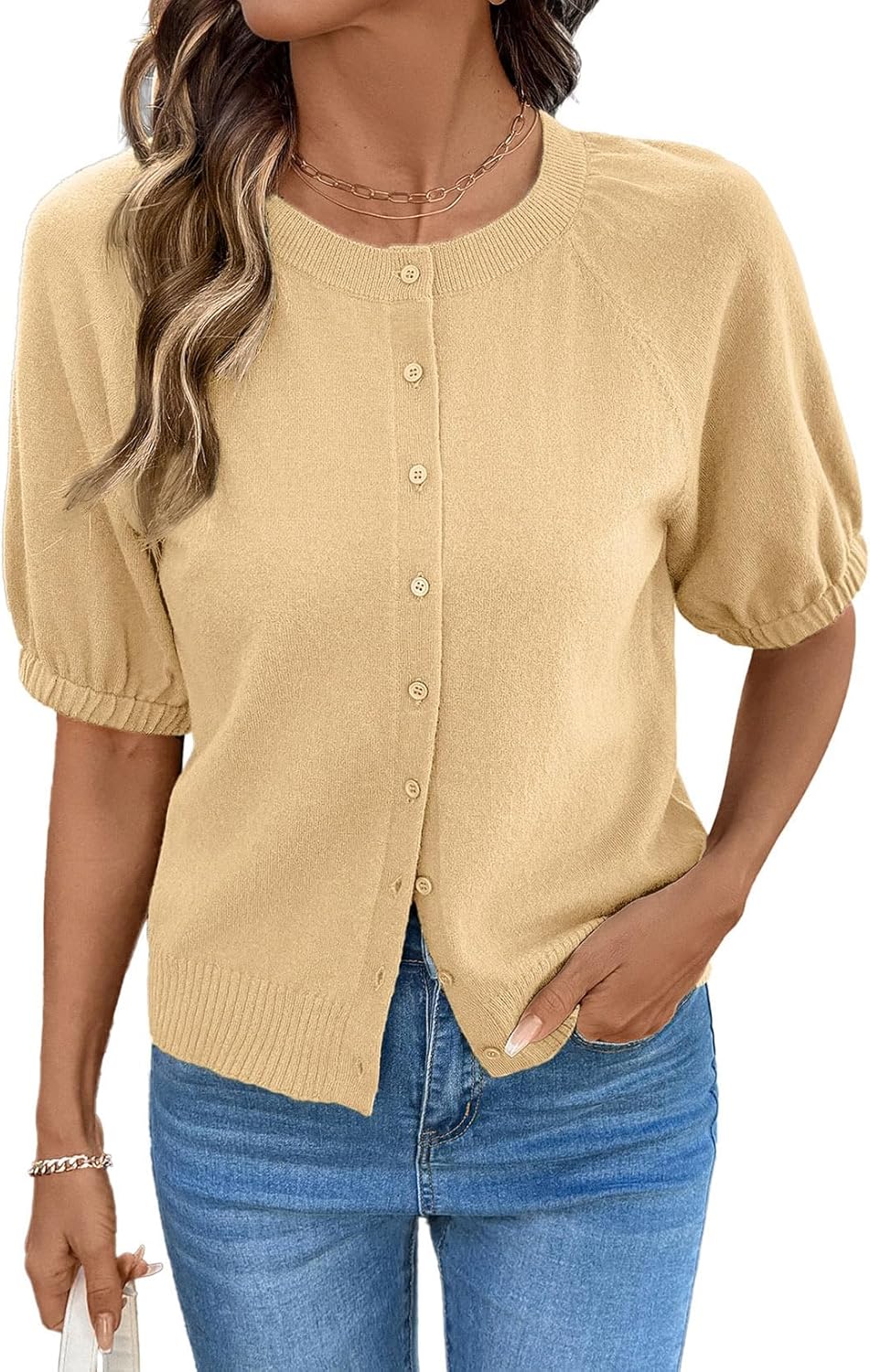 Dokotoo Women's Summer Casual Puff Short Sleeve Cardigan Sweaters Lightweight Soft Crewneck Button Down Knit Sweater Tops