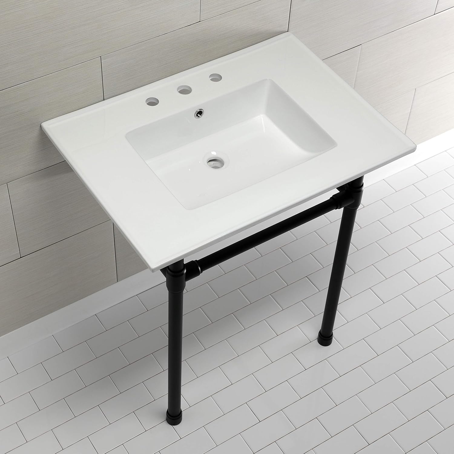 Kingston Brass KVPB31227W80 Dreyfuss 31" Console Sink with Stainless Steel Legs (8-Inch, 3 Hole), White/Matte Black