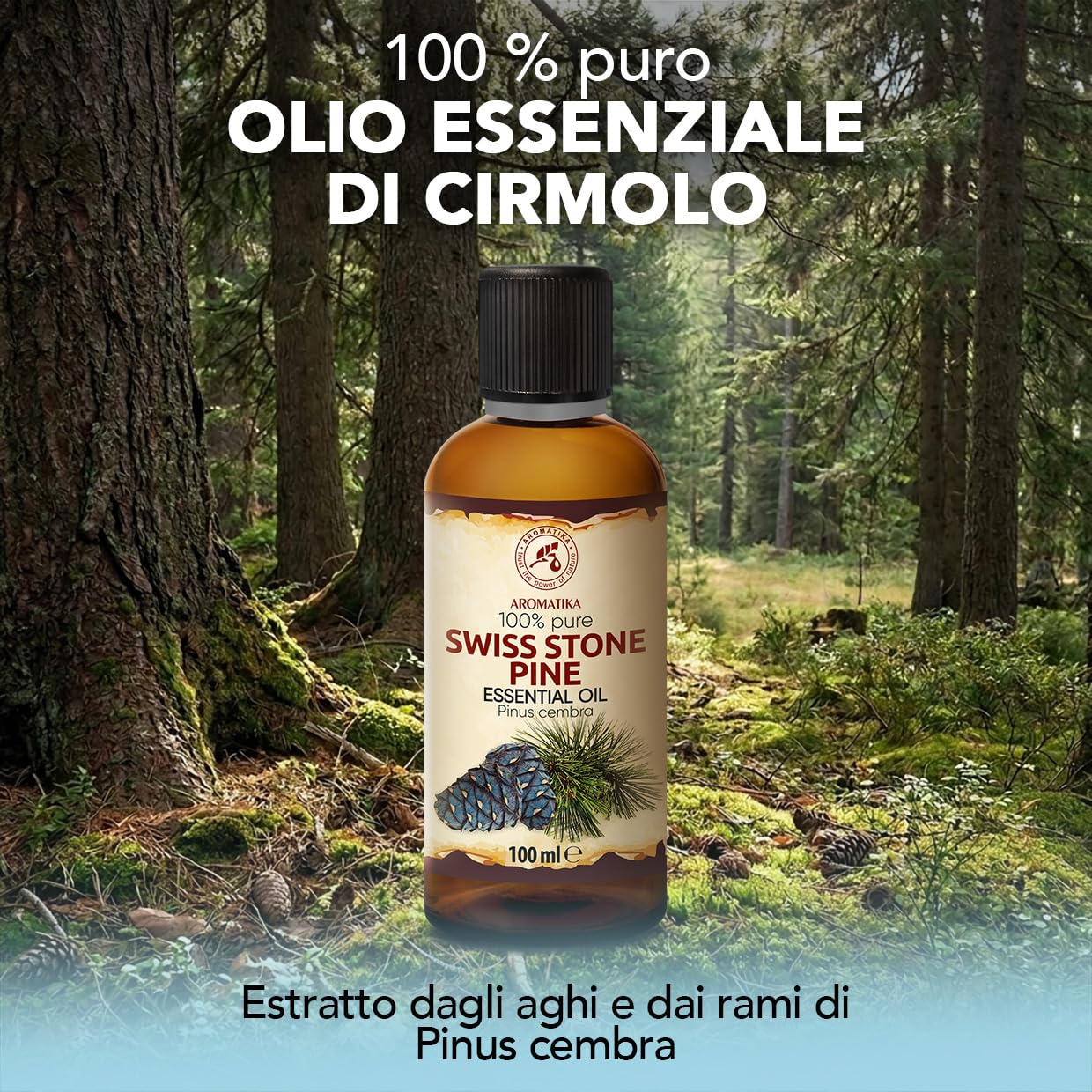 Olio Essenziale di Pino Svizzero 100 ml - Pinus Cembra - Svizzera - 100% Puro & Naturale - Aroma di Conifere - Olio Essenziale di Pino Cembro per Diffusori - Aromaterapia