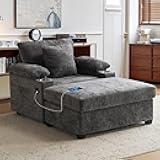 SUNWAVE Chaise Lounge Chair with Ottoman, Chenille Fabric Sofa Bed, Accent Chair with Cupholders & USB Charging Ports for Living Room, Bedroom, Apartment (Dark Gray)