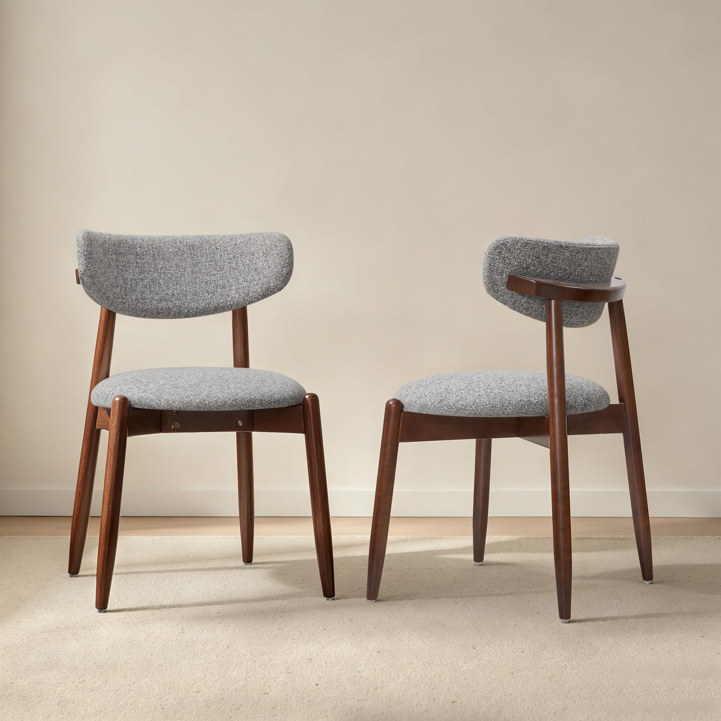 CHUN YI Dining Chairs Set of 2, Wooden Dining Room Chairs with Ergonomic Curved Back, Upholstered Mid Century Modern Kitchen Chairs, Gray