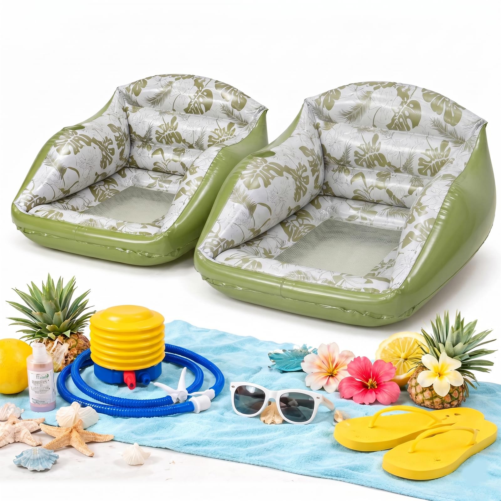 3-in-1 Inflatable Pool Lounger with Cup Holder and Mesh Seat Floating Pool Chair with U-Shaped Back Support Portable Inflatable Water Seat for Pool Lake Beach (Green,2 PCS)