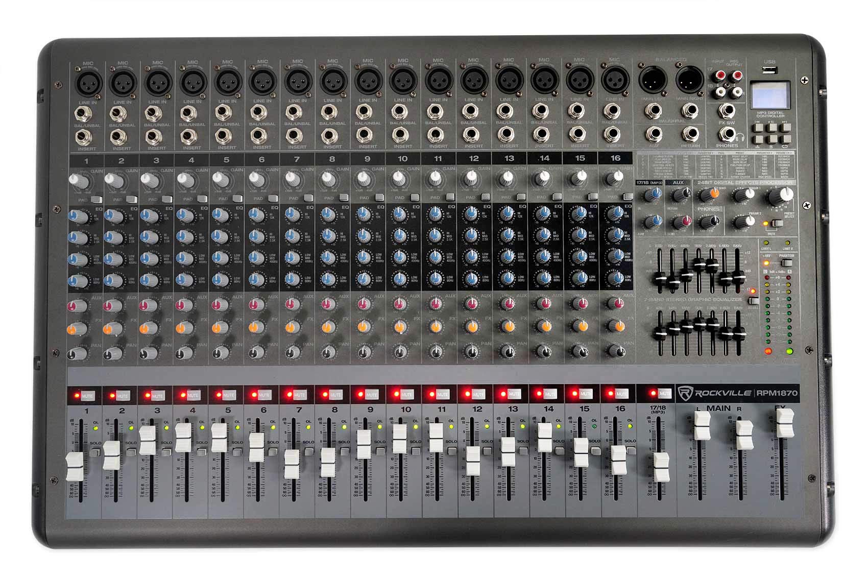 Rockville RPM1870 18 Channel 6000w Powered Mixer w/USB, Effects+3) Mics+Case