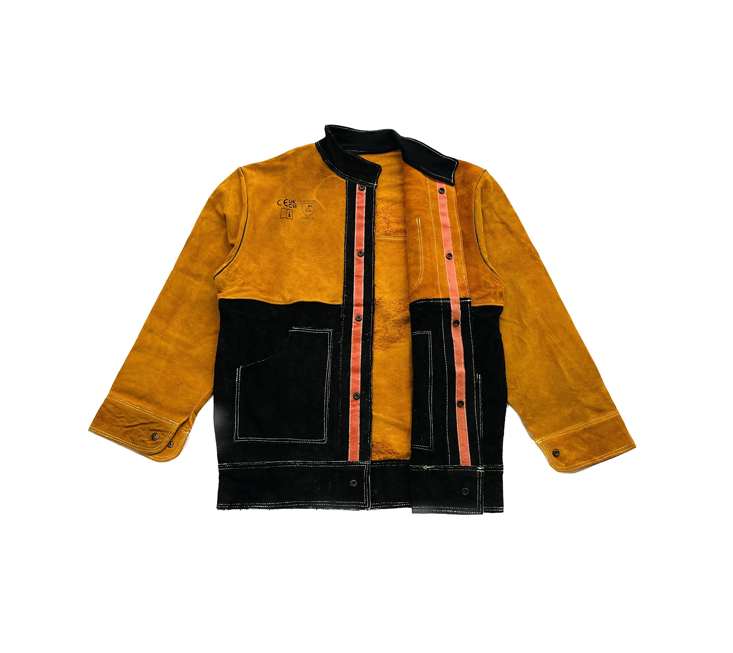 ELCAN Chaqueta de soldadura profesional de cuero amarillo y negro ignífugo resistente al calor, ropa de trabajo para soldar electrodo, TIG, MIG, MAG, barbacoas, chimeneas, hornos… (Talla L)