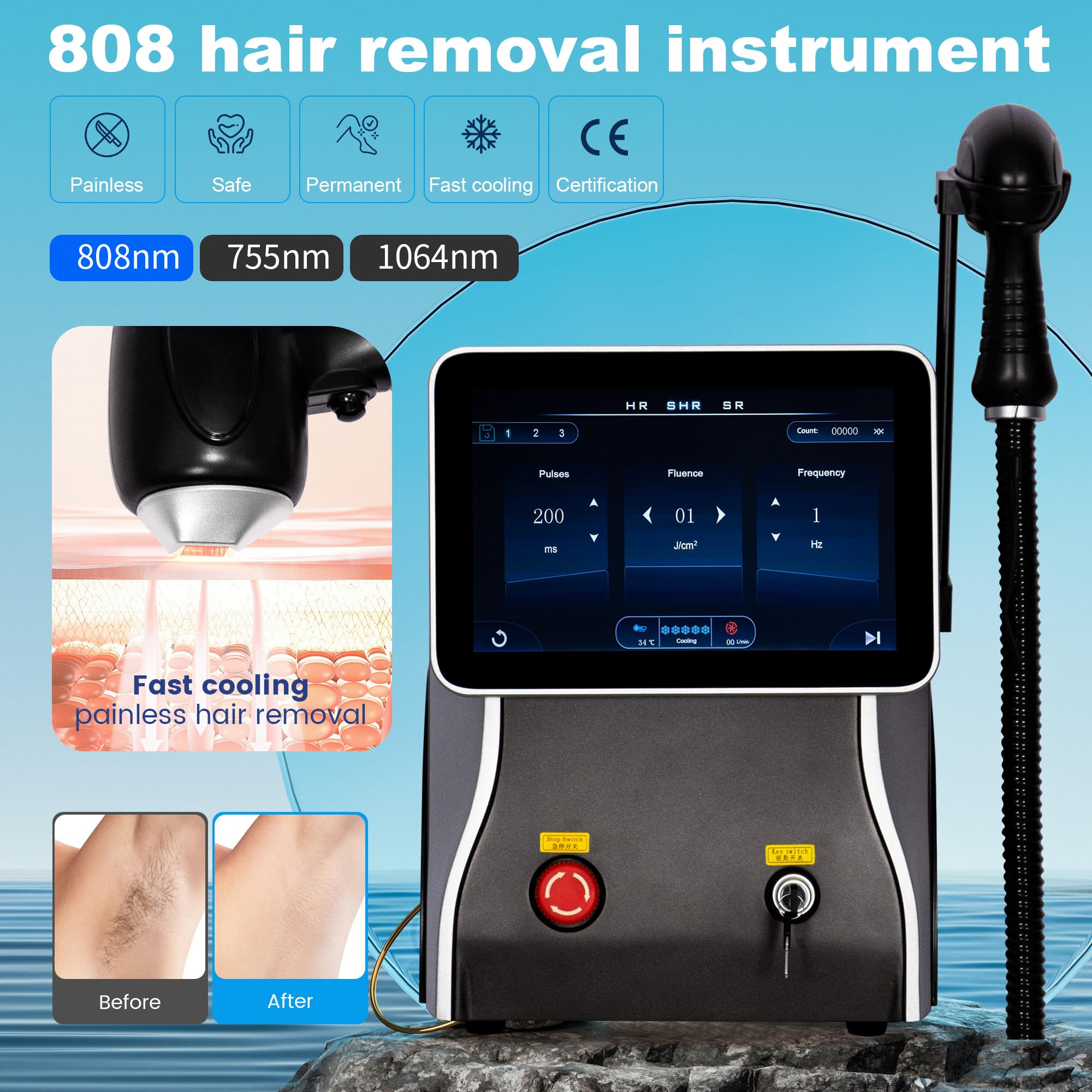 Appareil d'épilation laser diode 808 nm, style institut de beauté professionnel, écran tactile haute définition, refroidissement par points glacés, convient à tout le corps. (noir)
