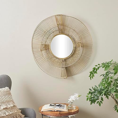Miniatura 2 de Deco 79 Espejo de pared de hoja de metal, espejo radial de entrada, espejo montado en la pared, 32 x 1 x 32 pulgadas, dorado