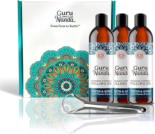 GuruNanda Fórmula avanzada para tirar de aceite con raspador de lengua, enjuague bucal natural de aceite de coco para dientes y encías saludables