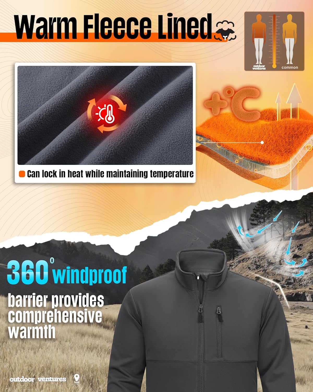 Outdoor Ventures Men's Softshell Jacket Waterproof Fleece Lined Rain Shell Jacket Lightweight Windbreaker for Hiking Travel - Image 4