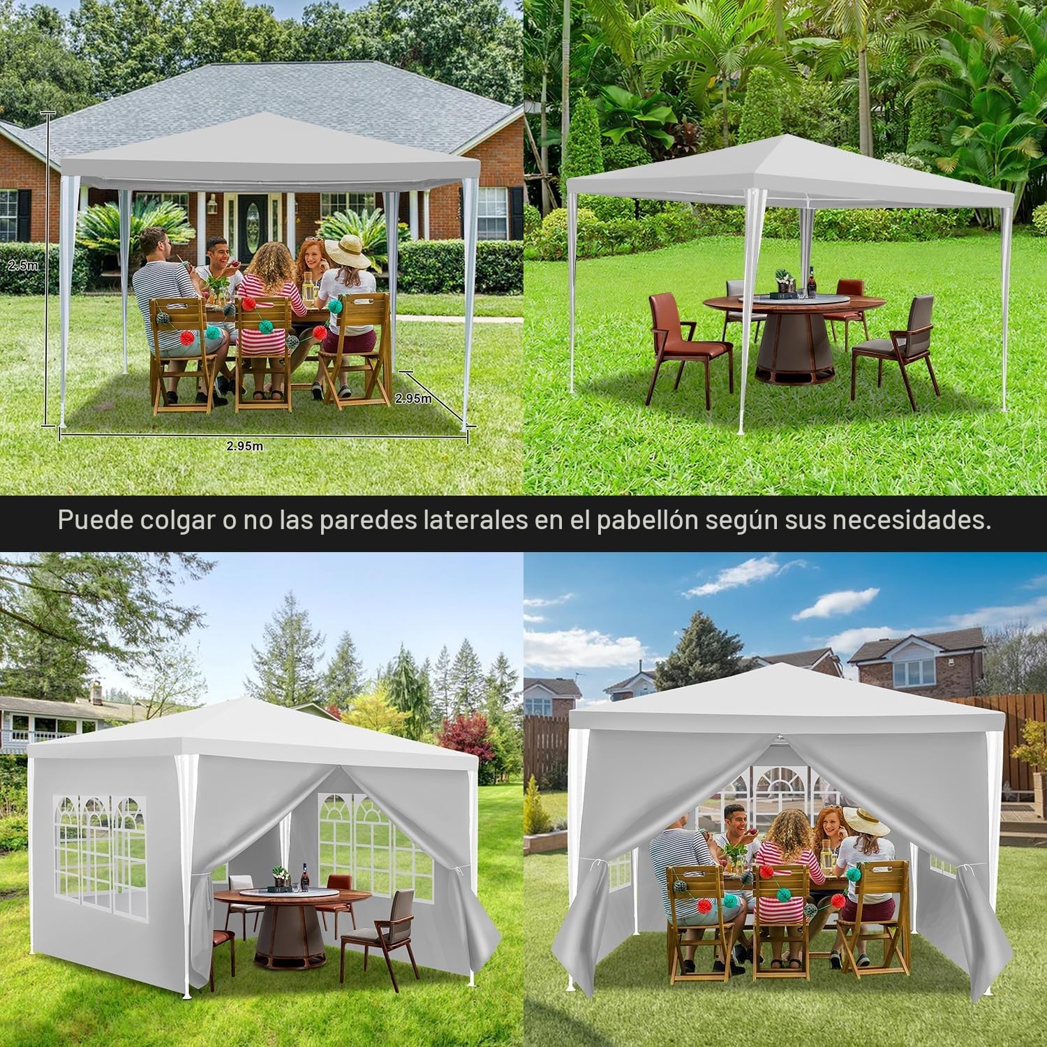 Carpa de jardín de 3 x 3 m, resistente al agua, con paneles laterales y ventanas, protección solar, carpa exterior para fiestas, camping, festivales, color blanco