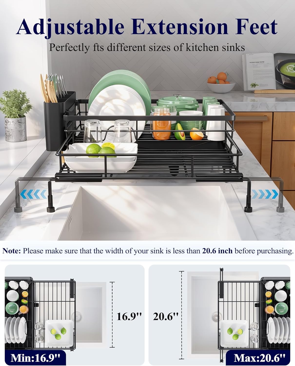 Kitsure Extendable Dish Drying Rack - Rust-Resistant Dish Racks for Kitchen Counter with Adjustable Support Legs, Cutlery Holder & Removable Draining Tray (Black, 15.6''-25.2''L × 16.9''W × 8.1''H)