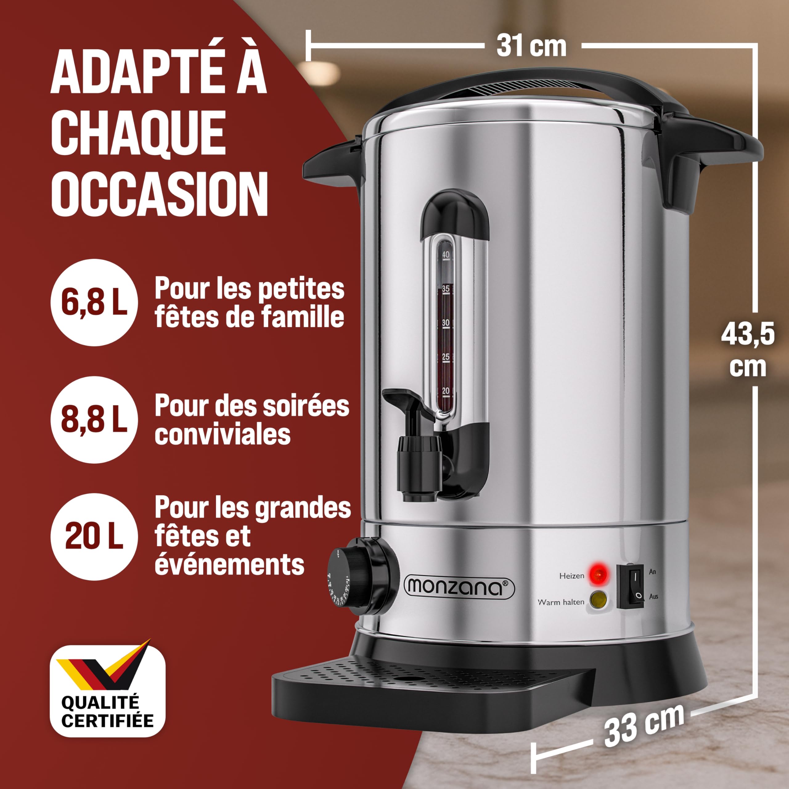 MONZANA® Distributeur de boissons chaudes 8,8L en acier inoxydable Bouilloire Marmite à vin chaud 950W Chauffe eau avec température réglable 40 tasses