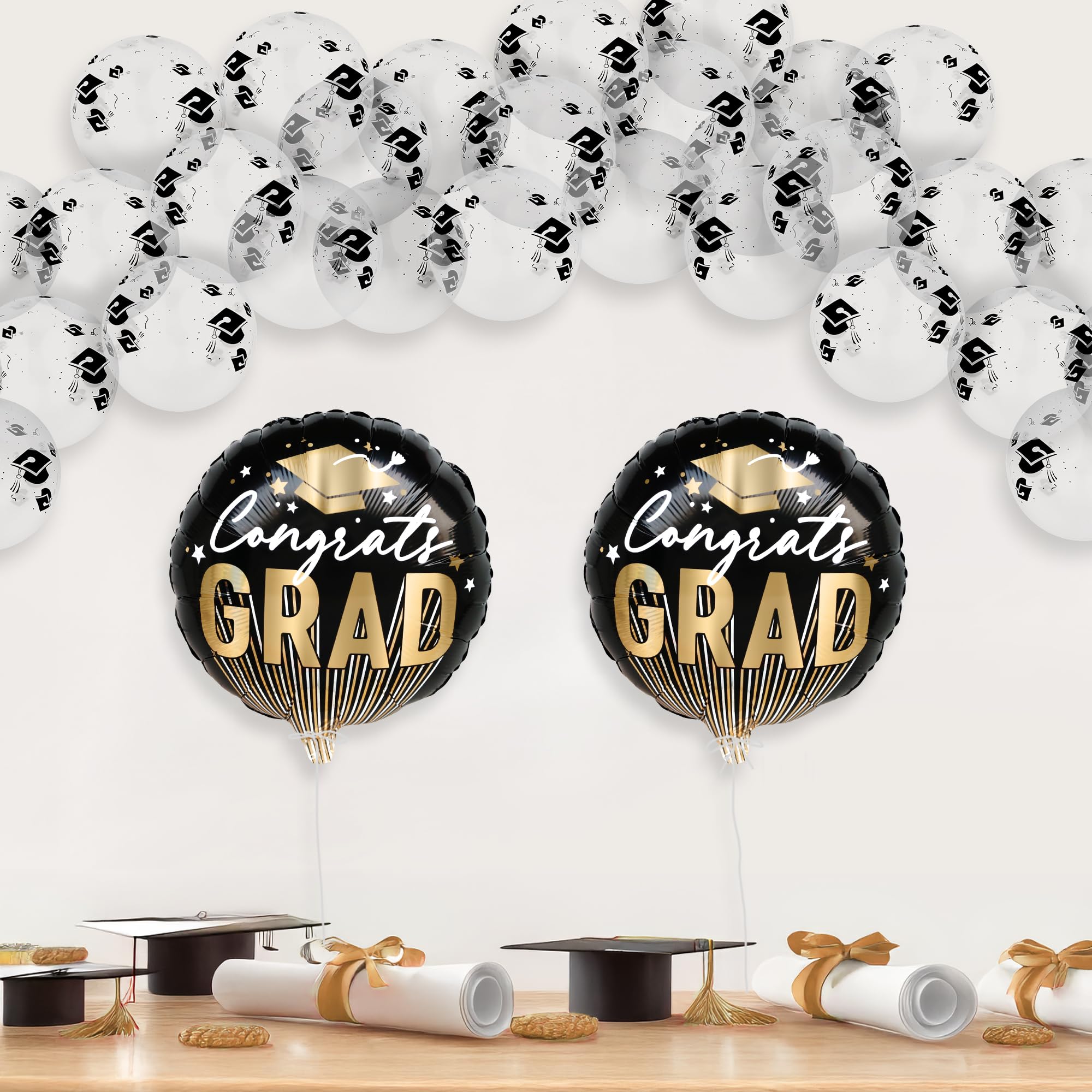 KatchOn, Black and Gold Congrats Grad Balloons Set - Pack of 52, Clear Graduation Balloons | Class of 2025 Decorations | Grad Party Decoration | Black and Gold Graduation Decorations 2025