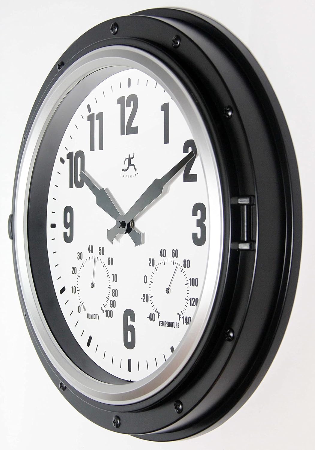 Infinity Instruments Forecaster Indoor/Outdoor Wall Clock, Thermometer, Hygrometer Combo, Stylish Durable Waterproof Weather Station for Your Home, 16 Inch, Black