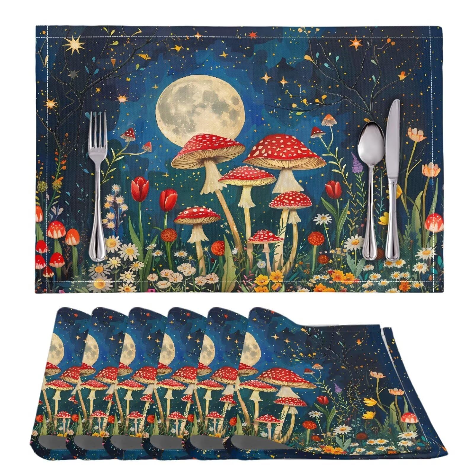 Urndoeng Placemats Set Of 6,Mushroom Placemats Set,Table Mats Set Of 4,Dining Table Set,Mushroom Kitchen Mat,Place Mats Washable,Mushroom Print 6pc Blue