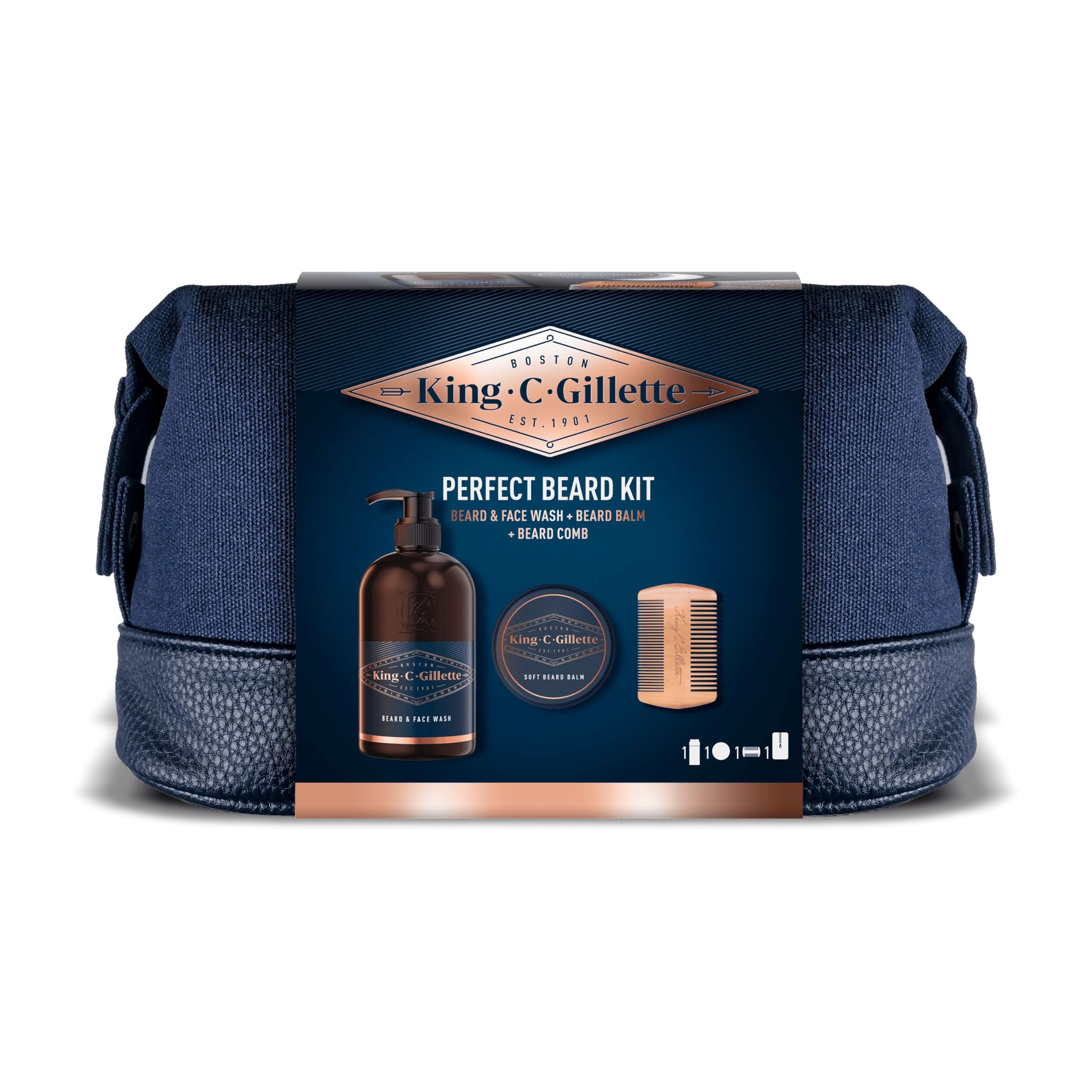 King C. Gillette Set Regalo Neceser: Gel Limpiador Para Barba Y Rostro + Bálsamo + Peine