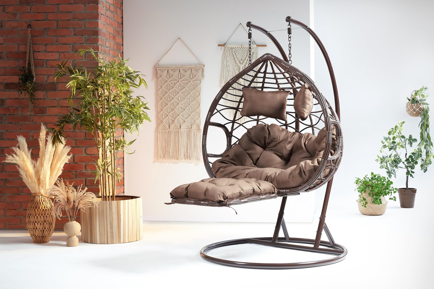 2-Sitzer Hängesessel mit Gestell Garten Terrasse Outdoor braun mit Verstellbarer brauner Fußstütze