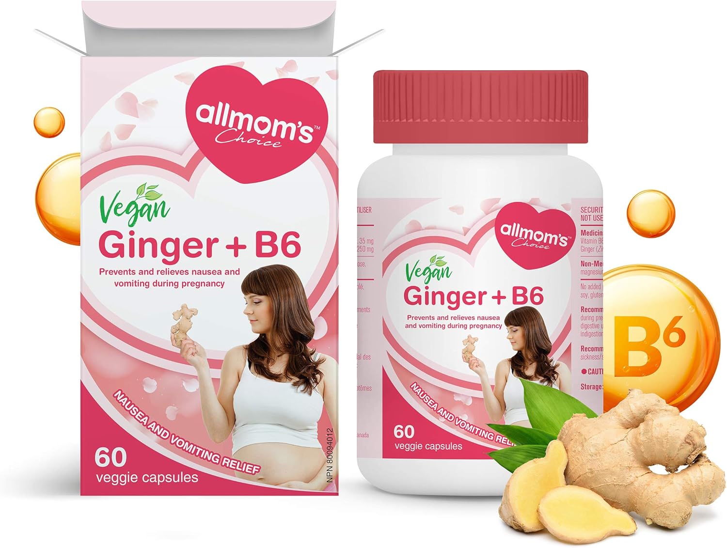 Vegan Ginger + B6 (60 Capsules), Natural Remedy to prevent and relieve
