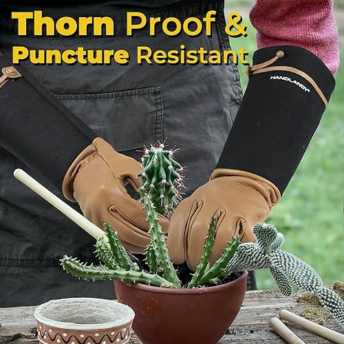 Miniatura 55 de HANDLANDY - Guantes de jardinería para poda de rosales para hombres y mujeres, guantes largos a prueba de espinas, de cuero de cerdo, transpirables