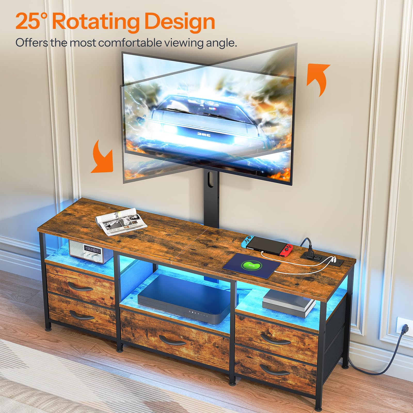 HOOBRO TV Stand with Mount and Power Outlet, for 32/45/55/60/65 inch TVs, Swivel Led Entertainment Center with Drawers, Adjustable Media Console for Living Room, Bedroom, Rustic Brown BF130UDDS01