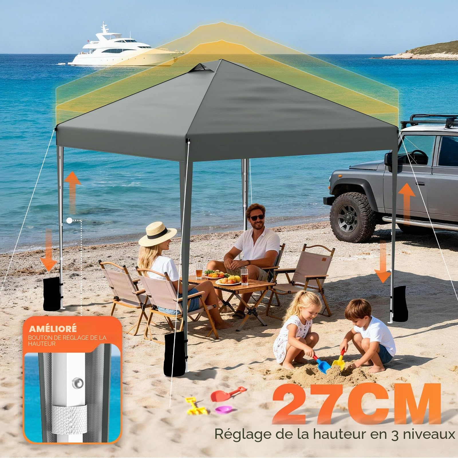 Huracan tonnelle Pliante 3x3 imperméable avec parois latérales et Sacs de Sable, Stable, résistante à l'hiver, Hauteur réglable, Protection UV, Tente de réception, Pliable avec Sac de Transport