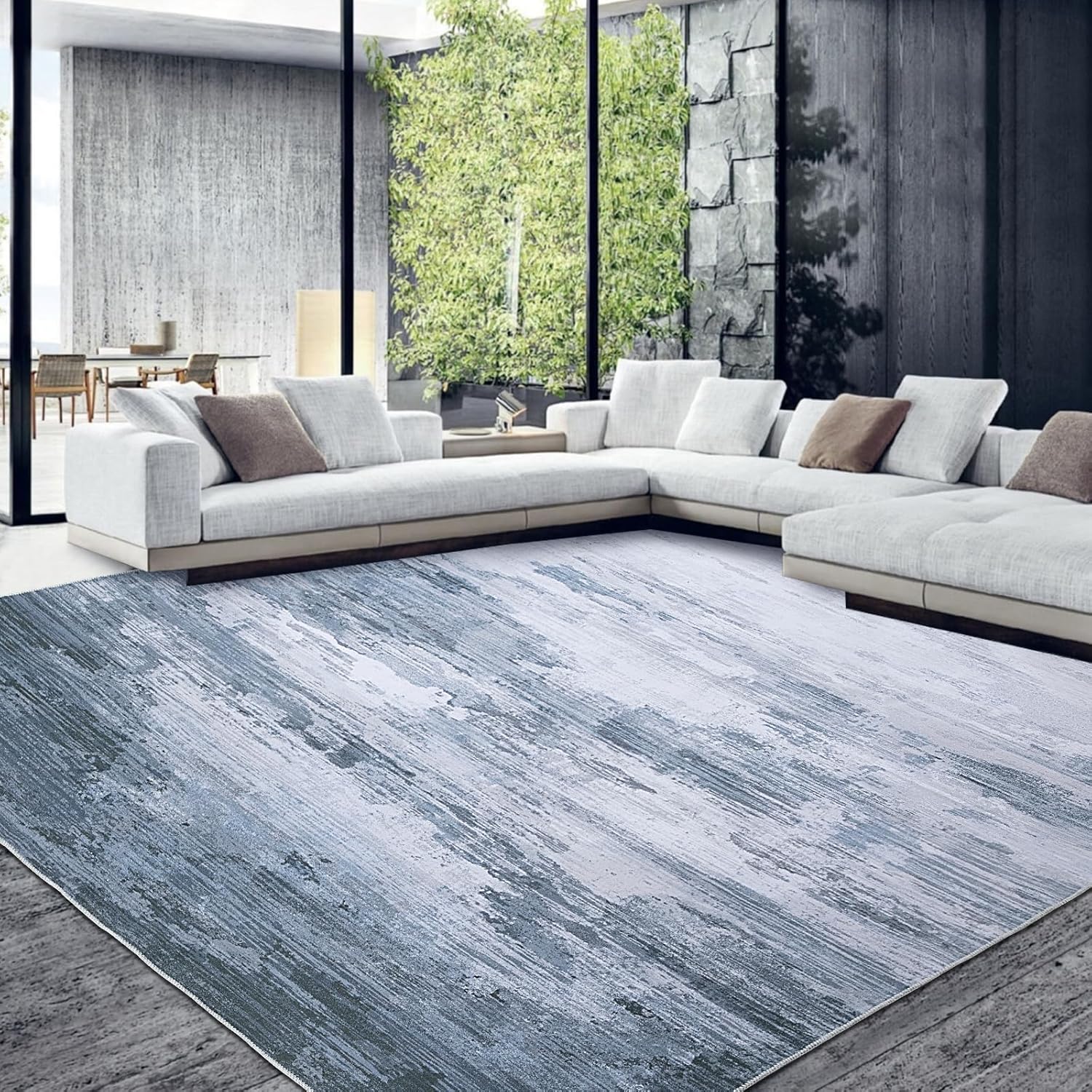 HOMBYS 9x12 Modern Area Rug for Living Room Bedroom, Large Boho Floor Carpet with Non-Slip Backing for Indoor Office Dining Room, Abstract Home Deco Non-Shedding, Blue, Machine Washable