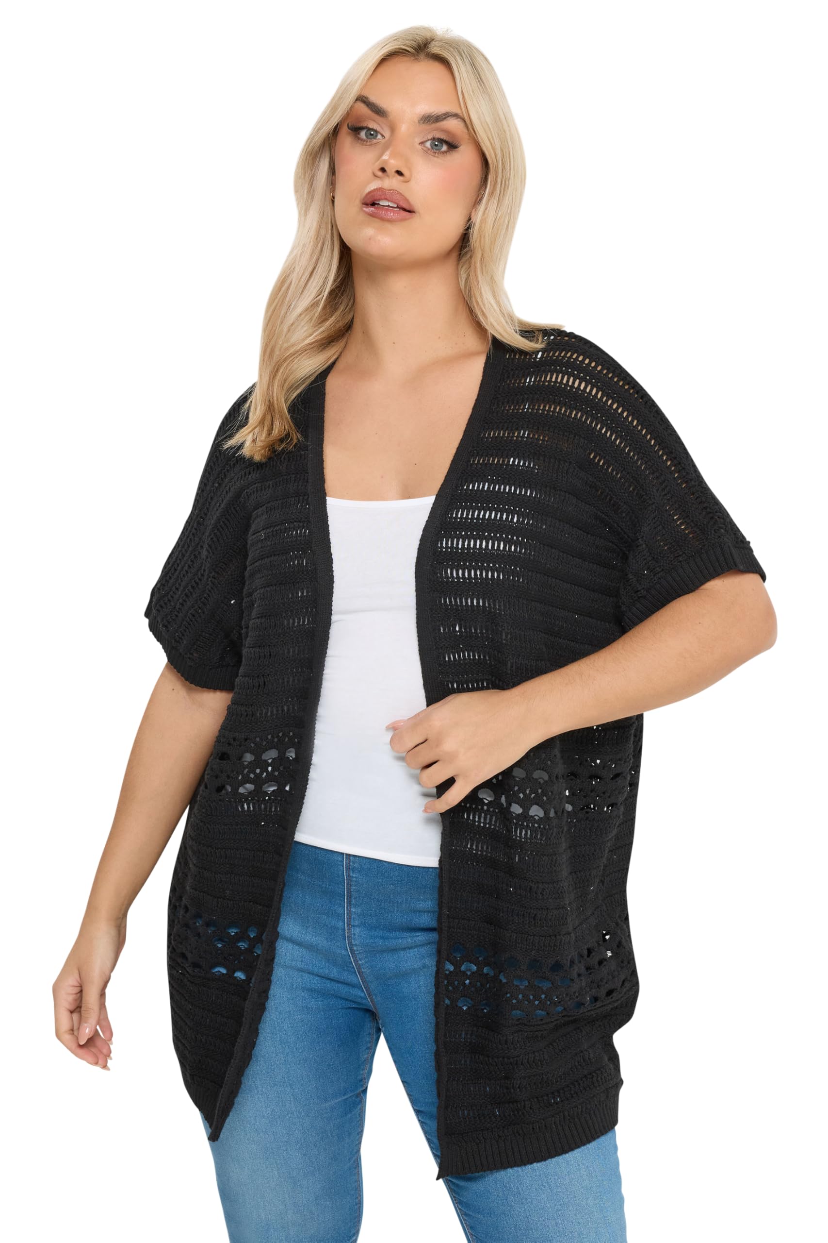 Yours Women's Black Crochet Kimono Cardigan In | : 14/16