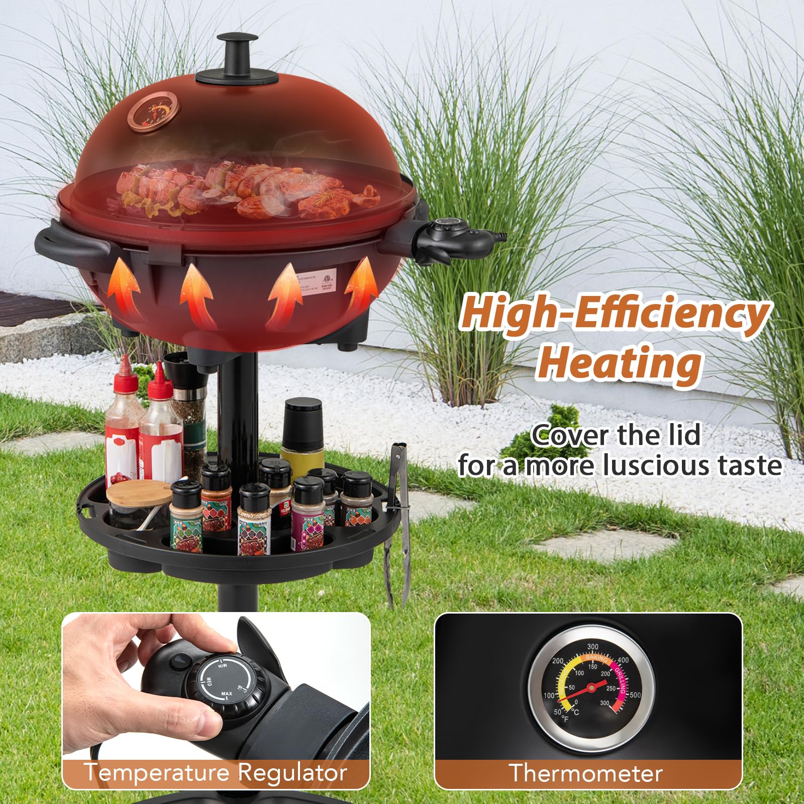 KOMFOTTEU Barbecue Électrique avec 2 Zones de Cuisson, Gril Électrique 1200 W, Avec Porte-épices & Thermomètre, Plancha Électrique, Contrôle de la Température, Intérieur & Extérieur