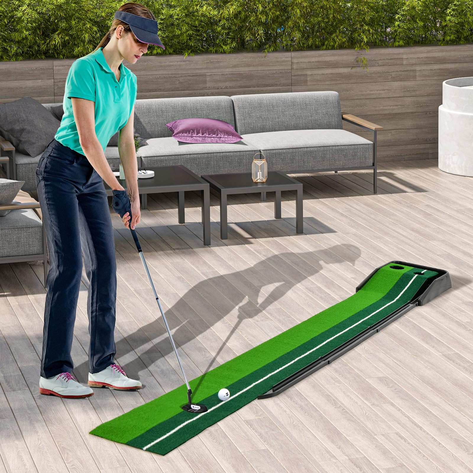 LIFEZEAL Tapis d'Entraînement de Golf avec 2 Poches Intérieur, Tapis de Putting de Golf Portable avec Retour Automatique, Base de Golf Extérieur, 260x39x9 cm