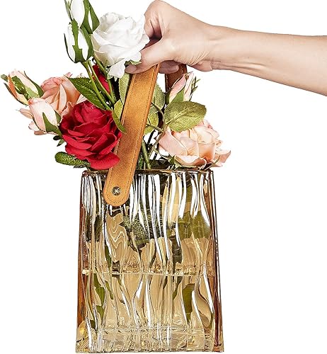 Florero de cristal para flores, florero de bolso con asa de cuero, bolsa de vidrio, florero de flores ideal para arreglos florales, centro de mesa, disponible en Yaxa Colombia
