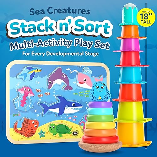 Miniatura 2 de CoolToys Stack n' Sort - Juego de juguetes de aprendizaje para niÃ±os pequeÃ±os y bebÃ©s, 3 juguetes educativos de habilidades motoras finas para