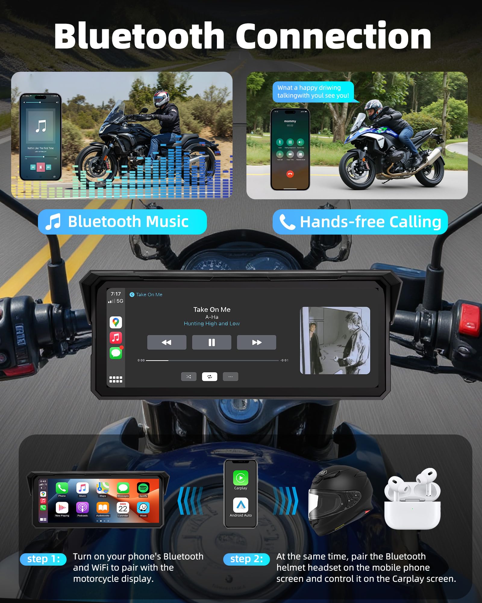 8,1 Zoll Motorrad Carplay Drahtloses Carplay und Android Auto für Motorräder, IP67 Wasserdichtes Touchscreen Motorrad Navi GPS, Bluetooth-Audio, Siri und Google - 4