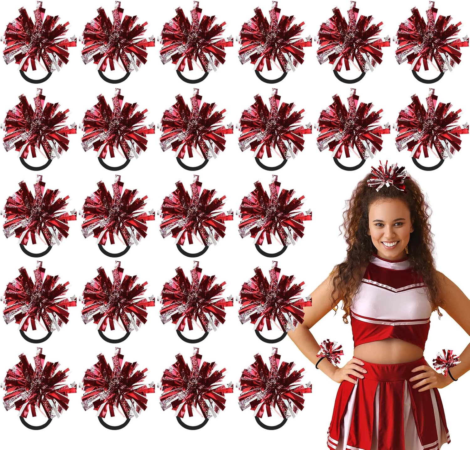 Shappy 2 Color Mini Pom Poms Hair Ropes for Cheerleading 4 Inch Ponytail Holder for Team Spirit Sports Dance Cheering 24 Red
