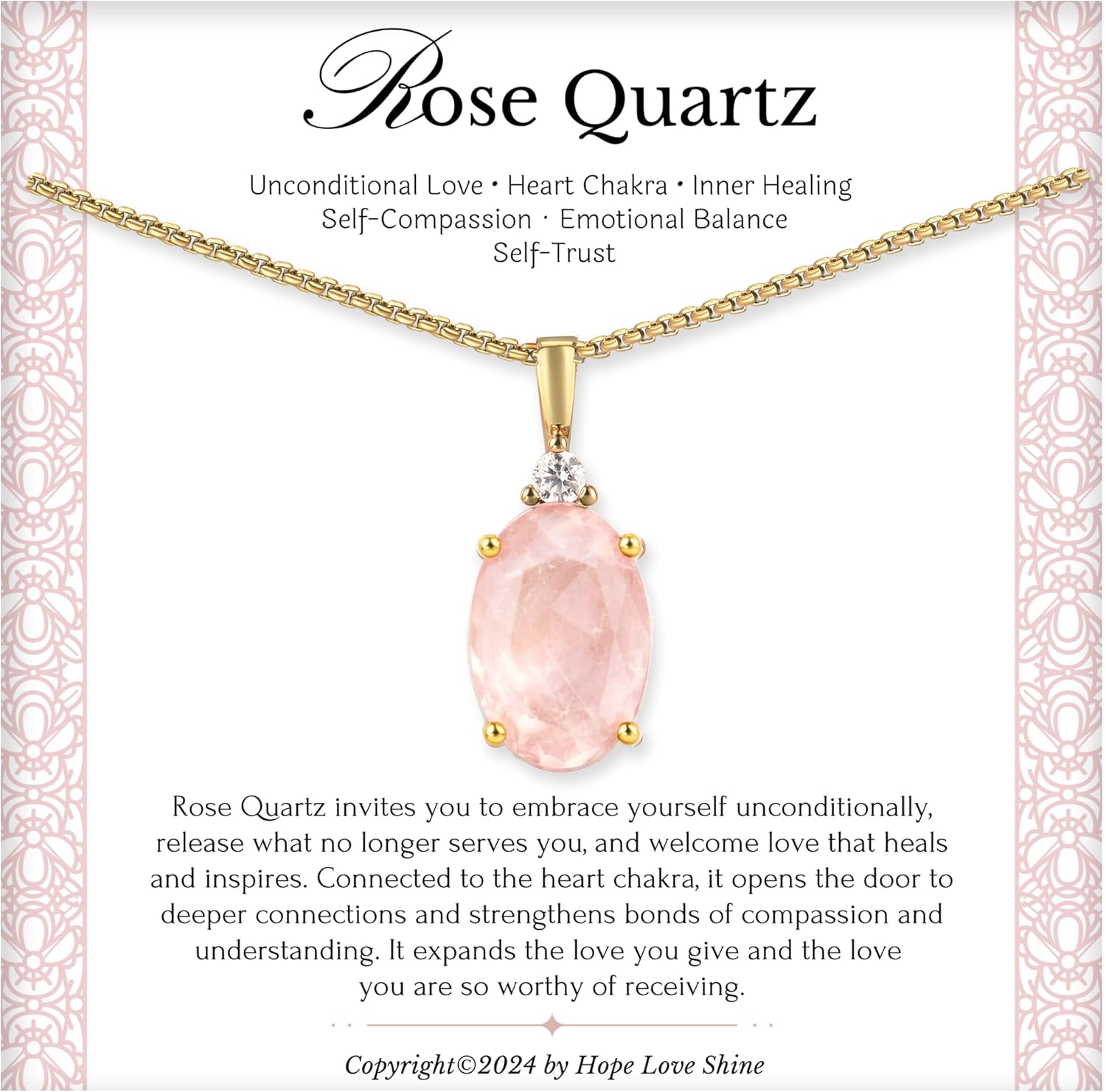 HOPE LOVE SHINE Rose Quartz Necklace – 18K Gold-Plated Stainless Steel Birthday for Women, Anniversary, Occasions – Non-Tarnish, Water-Resistant Gemstone Women's Jewelry