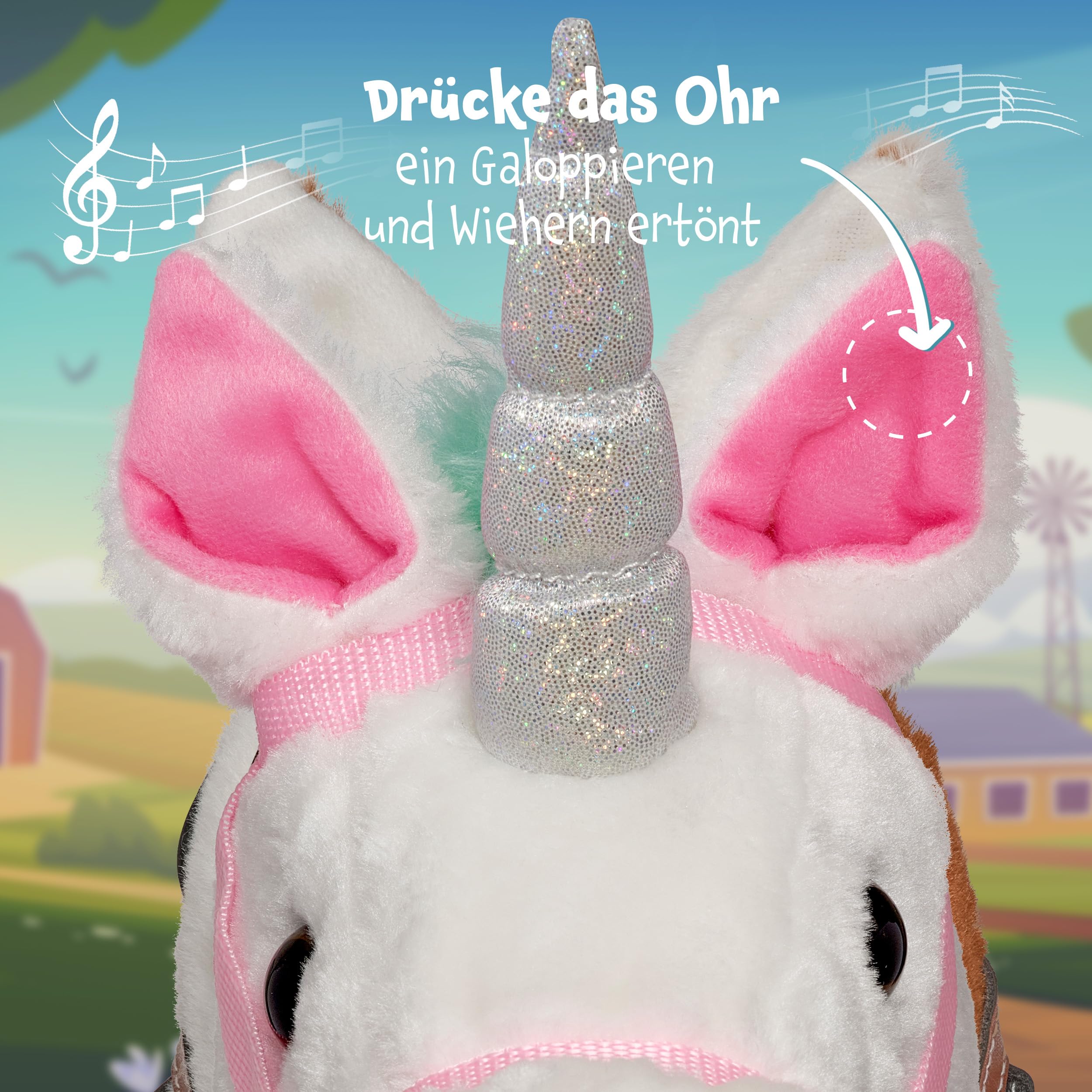 Pink Papaya Hobby Horse, Tęczowy, uroczy konik wykonany z materiału z funkcją dźwiękową: rżenie i odgłos galopu