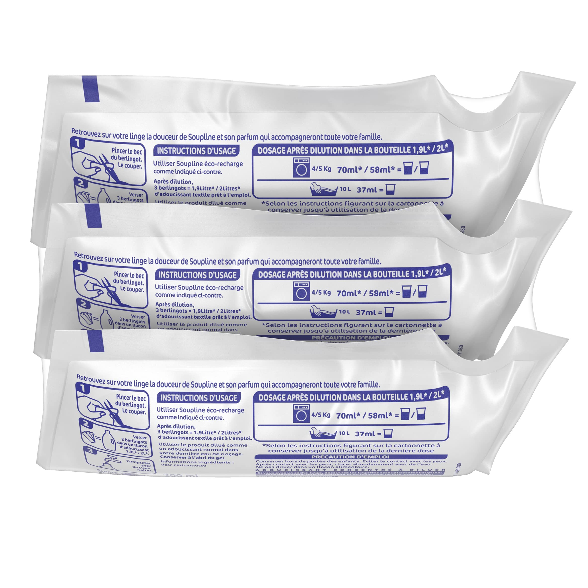 SOUPLINE - Adoucissant Doses Soupline Hypoallergénique - Eco-Recharges - Formule Active à Froid - 92 % d'Ingrédients d'Origine Naturelle - 16 Lots de 3 x 200 ml