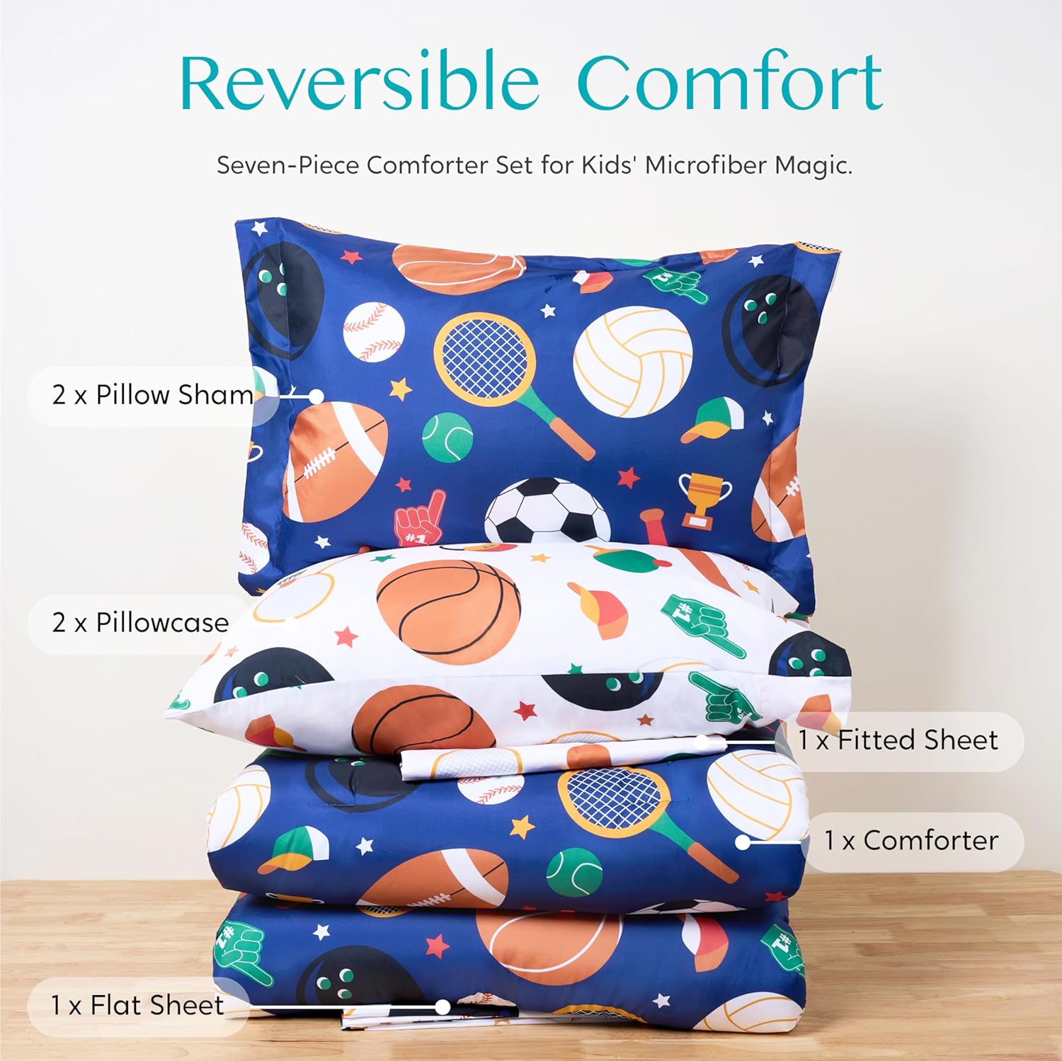 Joiedomi Kid Full Comforter Set 7 Piece Ball Sports Bedding Set for Boys Girls Super Soft Microfiber Bed in a Bag with Comforter Sheets Pillowcase Sham - Image 6