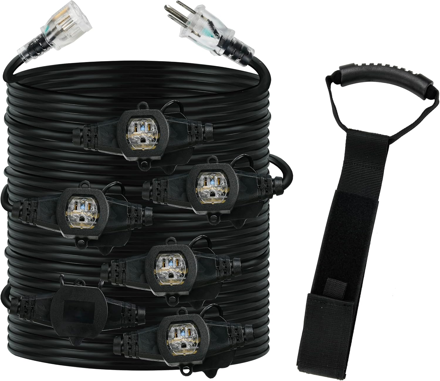 25FT 12 Gauge Heavy Duty Multi Outlet Outdoor Extension Cord, 7 Evenly Spaced Weatherproof Outlets, LED Indicator Light，Great for Stage Backdrops, Landscape Garden Lighting, Holiday Decoration ETL