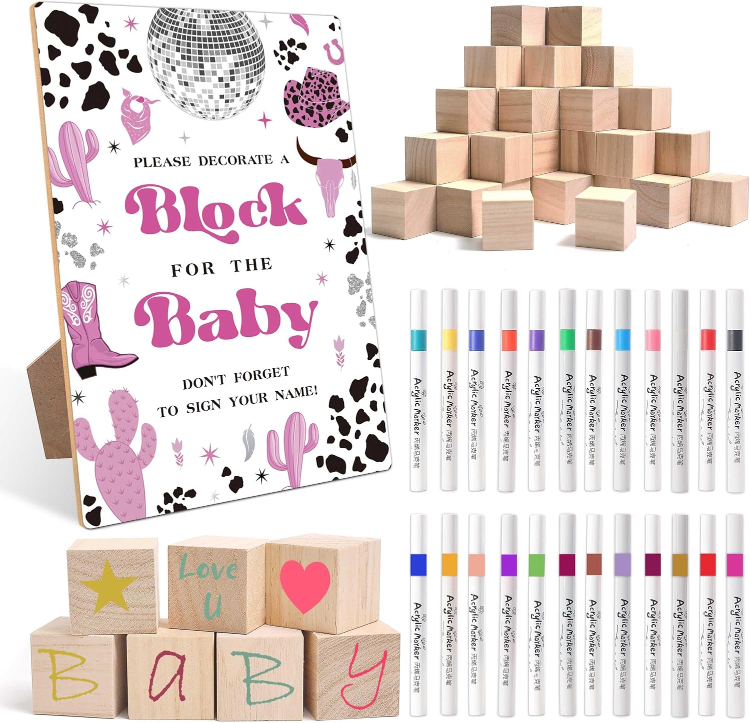Boho Floral Baby Shower Games, Boho Floral Baby Shower Decorations, Bohemian Flowers Decorate a Block Game Set, Gender Reveal Games, Includes 54 Blank Building Blocks, 24 Pens, 1 Sign