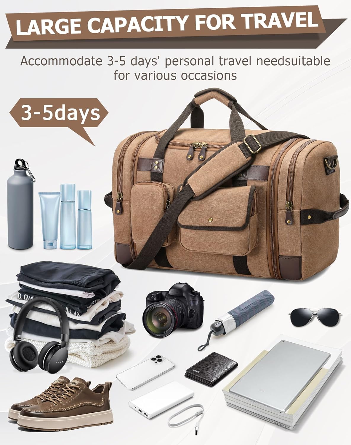 Duffle Bag for Travel, 50L Carry On Duffle Bag for Airplanes, Canvas Overnight Weekender Bag for Men and Women - Image 6