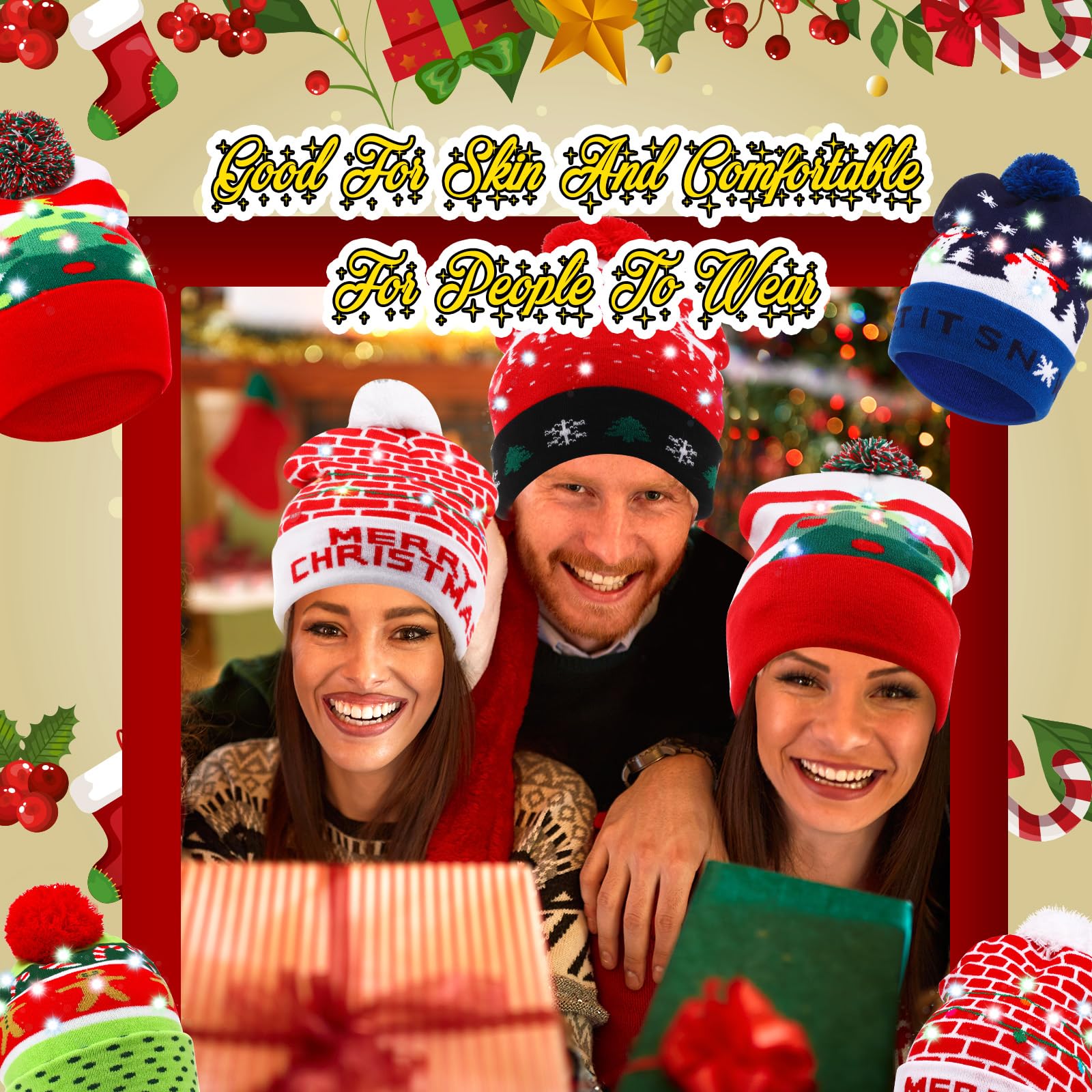 Vicenpal Weihnachtsmütze für Erwachsene, LED, bunt, blinkend, Strickmütze, hässlicher Pullover, Weihnachtsmann, Urlaub, Partyzubehör