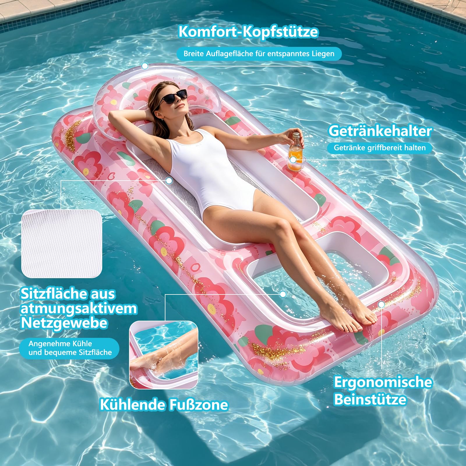Aufblasbare Sonnenliege für Erwachsene - Luftmatratze Tanning Pool mit Kopfkissen Getränkehaltern, Floating Liegestuhl Matratze für Entspannung und Sonnenbaden