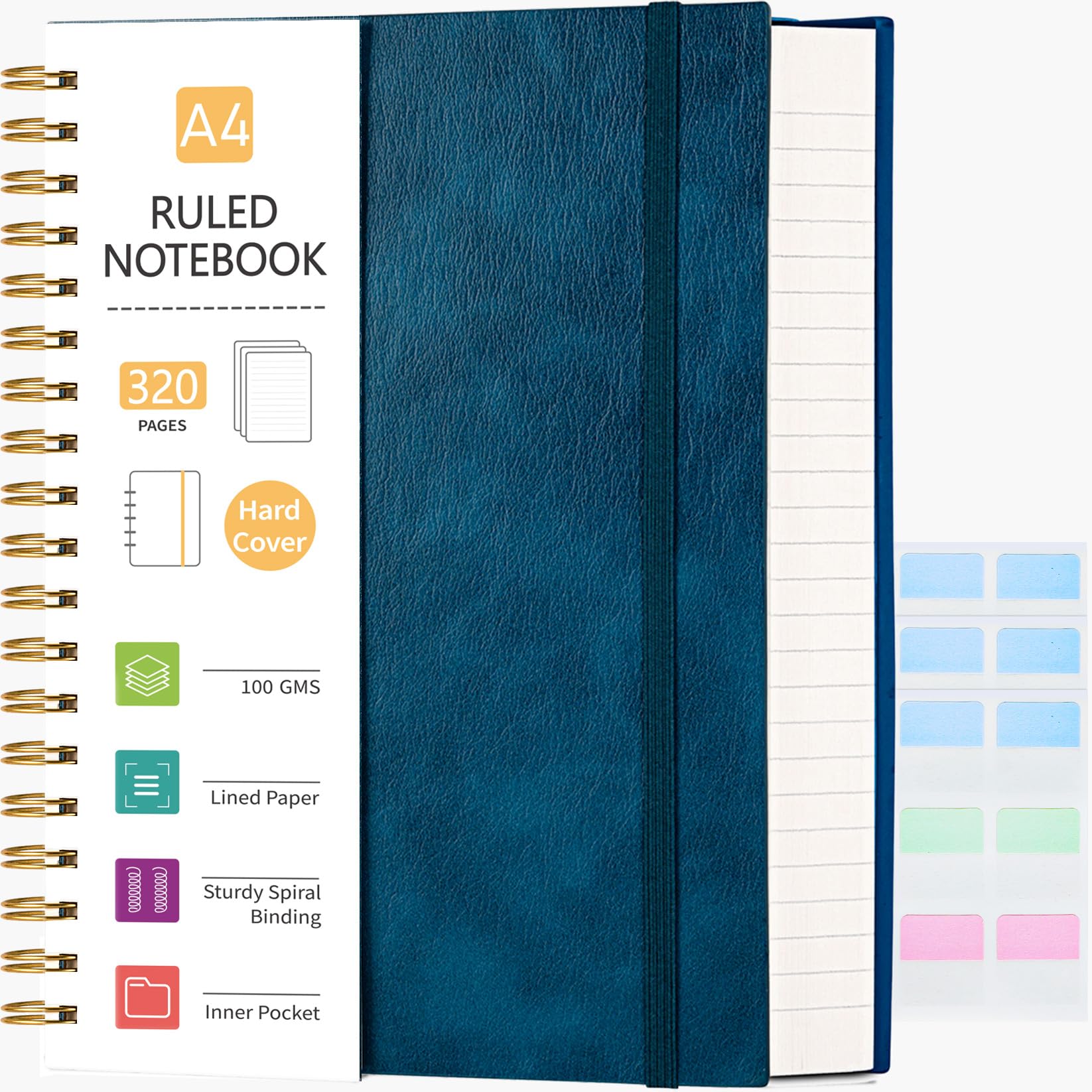 Hardcover Spiral Notebook, College Ruled Notebook Journal with 320 Pages, 8.5''×11'' Lined Journaling for Women Men, A4 Leather Writing Journals for Work, School, Office, 12pcs Index Tabs, Blue