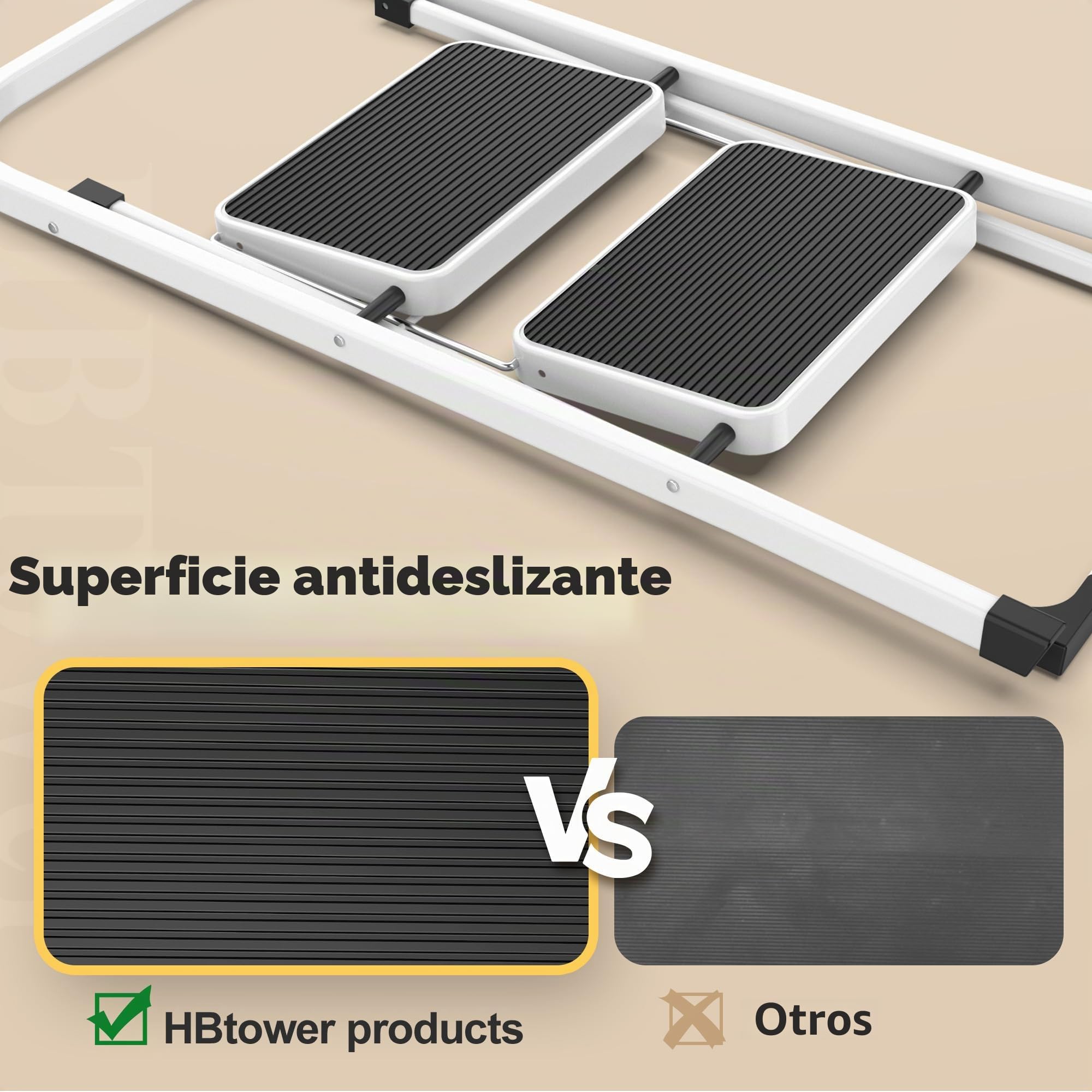 HBTower Escalera 2 Peldaños Plegable – Acero Resistente, Antideslizante, 4,5 cm de Grosor, Carga 150 kg, Sin Montaje – para Cocina, Garaje, Oficina