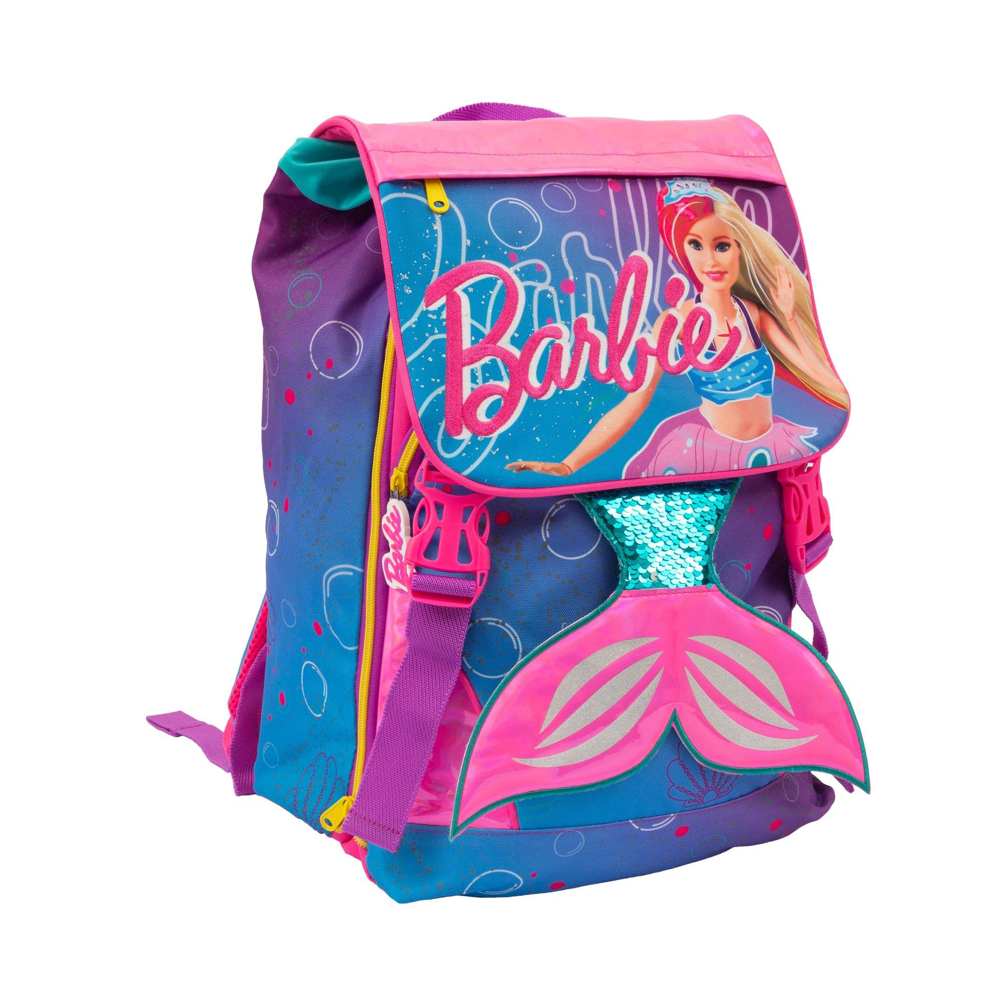 Giochi Preziosi - Zaino Estensibile Barbie c/Ganci, Pop-up Coda Sirena, 2 Scomparti e Tasca Frontale, Schienale e Spallacci Imbottiti, per la Scuola primaria, 31 l x43 h x17,5 p cm, capacità 23,5 l