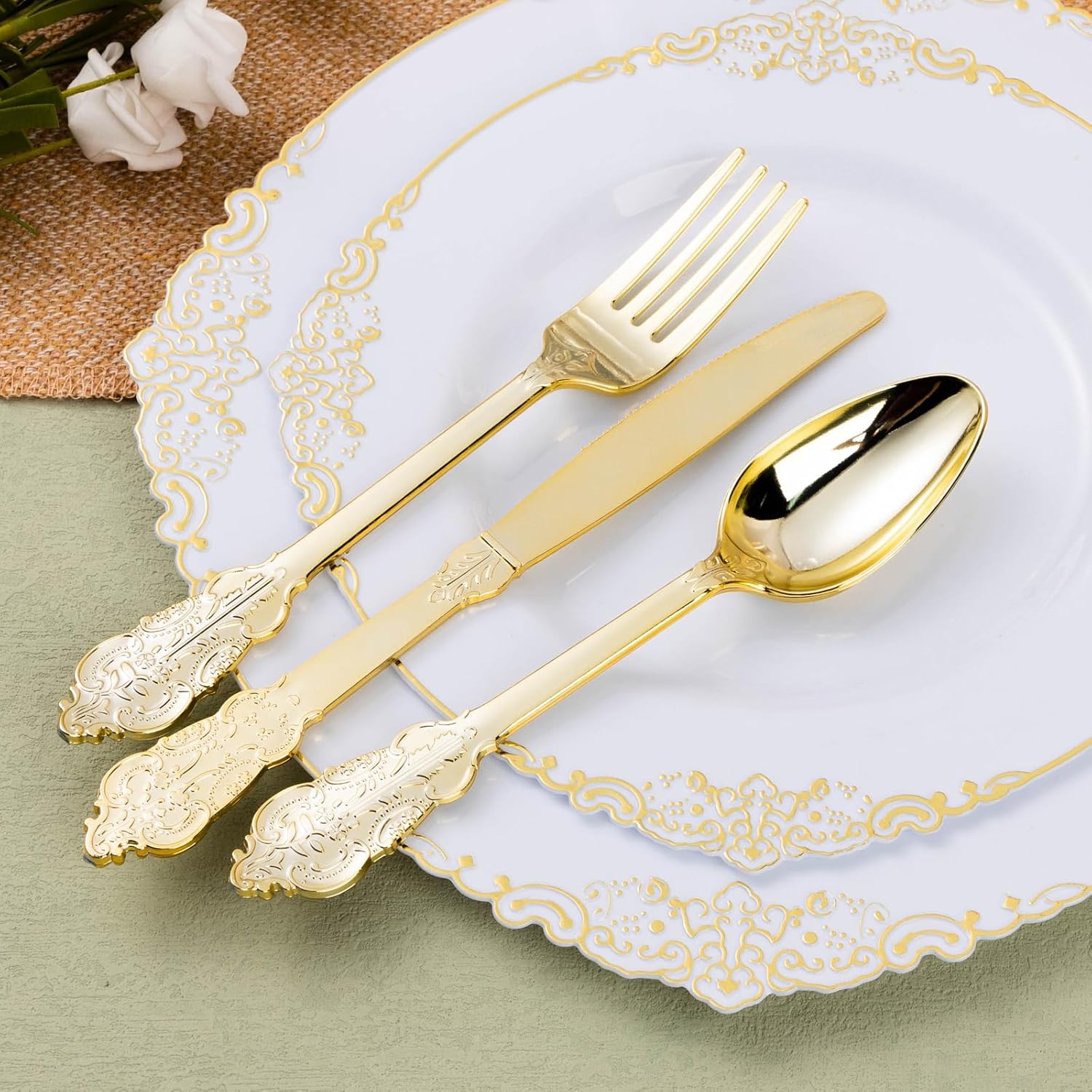 100 Pack Gold Plastic Silverware with Pre Rolled Napkins for 100 Guests, Heavyweight Gold Disposable Utensils Sets Includes 300 Plastic Cutlery, and 100 Napkins for Party & Wedding