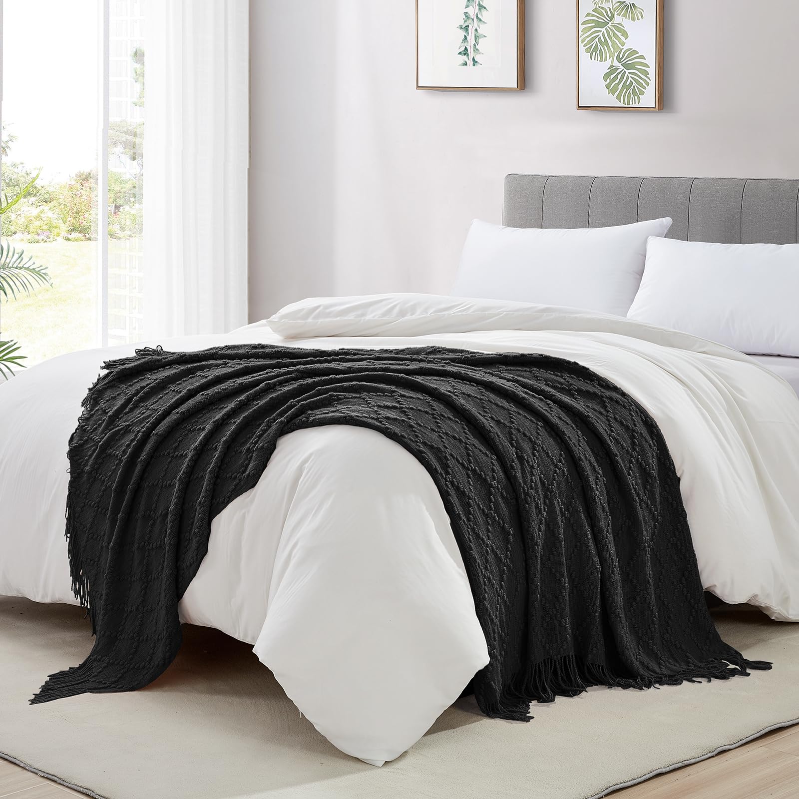 BOURINA Throw Blanket Textured Solid Soft Throws and Blankets for Sofa or Bed Knitted Decorative Blanket 127x178cm Black - Image 3
