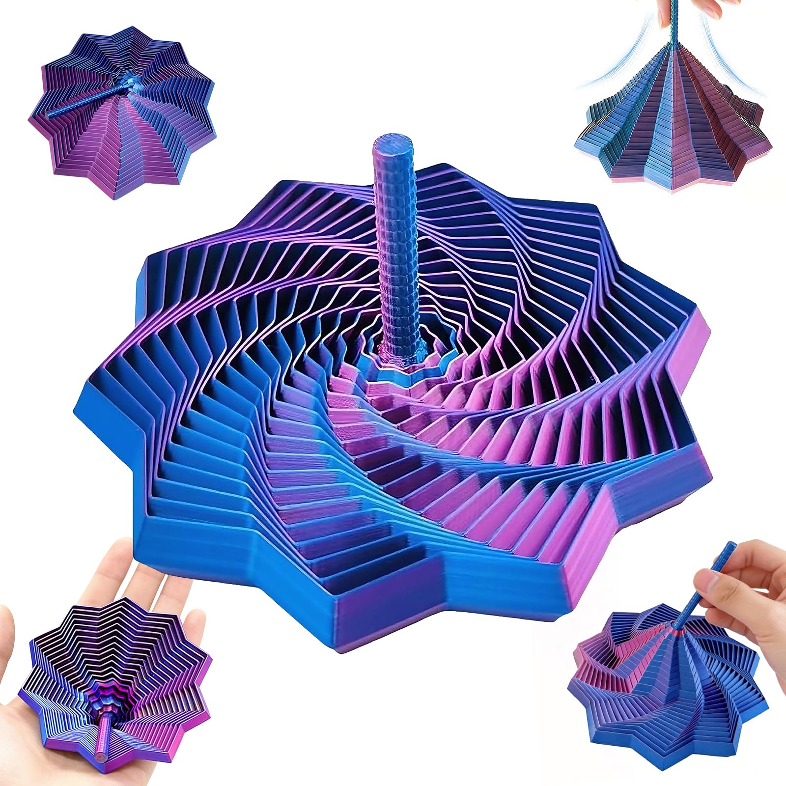 3d Printed Expanded Sensory Fidget Star, 9cm Spiral Honeycomb Hexagon Stress Relief Fidget Toy with Handle, Push Play Spinner